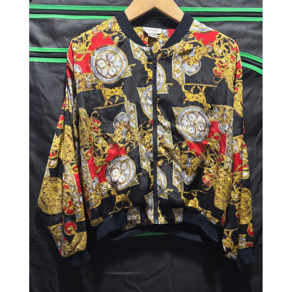 Size Lare - Papell Boutique Silk Bomber Jacket Red Gold Baroque Clock Print